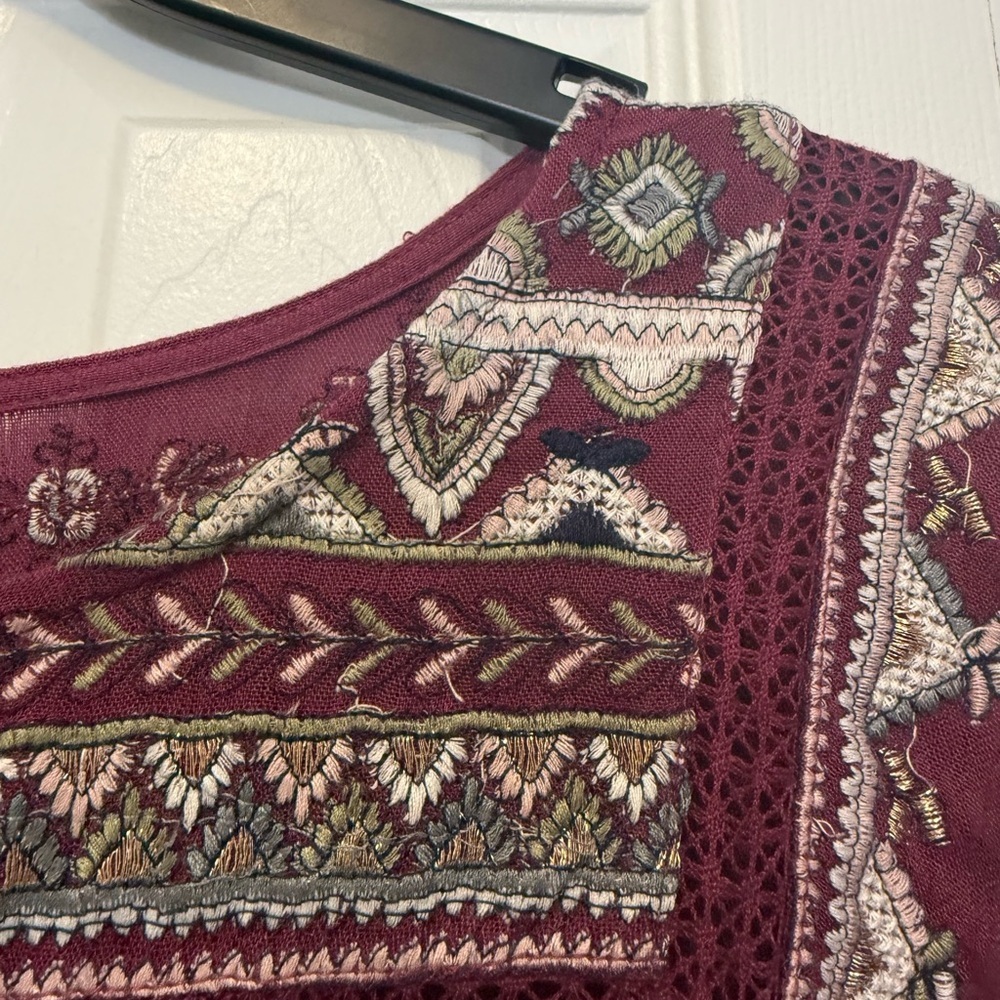 Free People Burgundy Embroidered Boho Dress Size Large - Picture 8 of 12